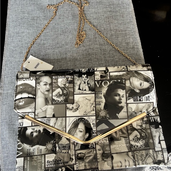 Elegant Black and White Graphic Vogue Magazine Clutch Purse with Gold Strap. - Picture 1 of 7